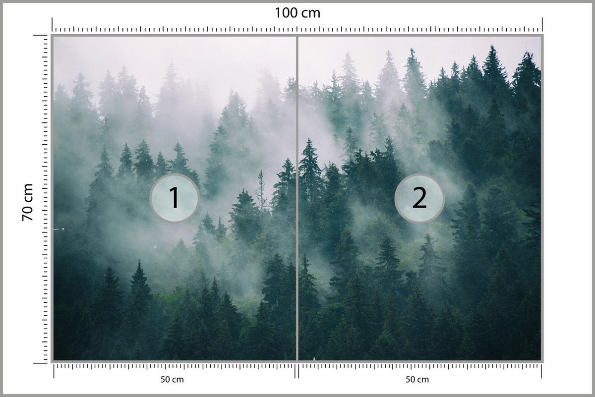FOTOTAPETE Wald im Nebel Landschaft Natur 3D 100x70 - Türkis/Grau, Papier (100/70cm) - Muralo