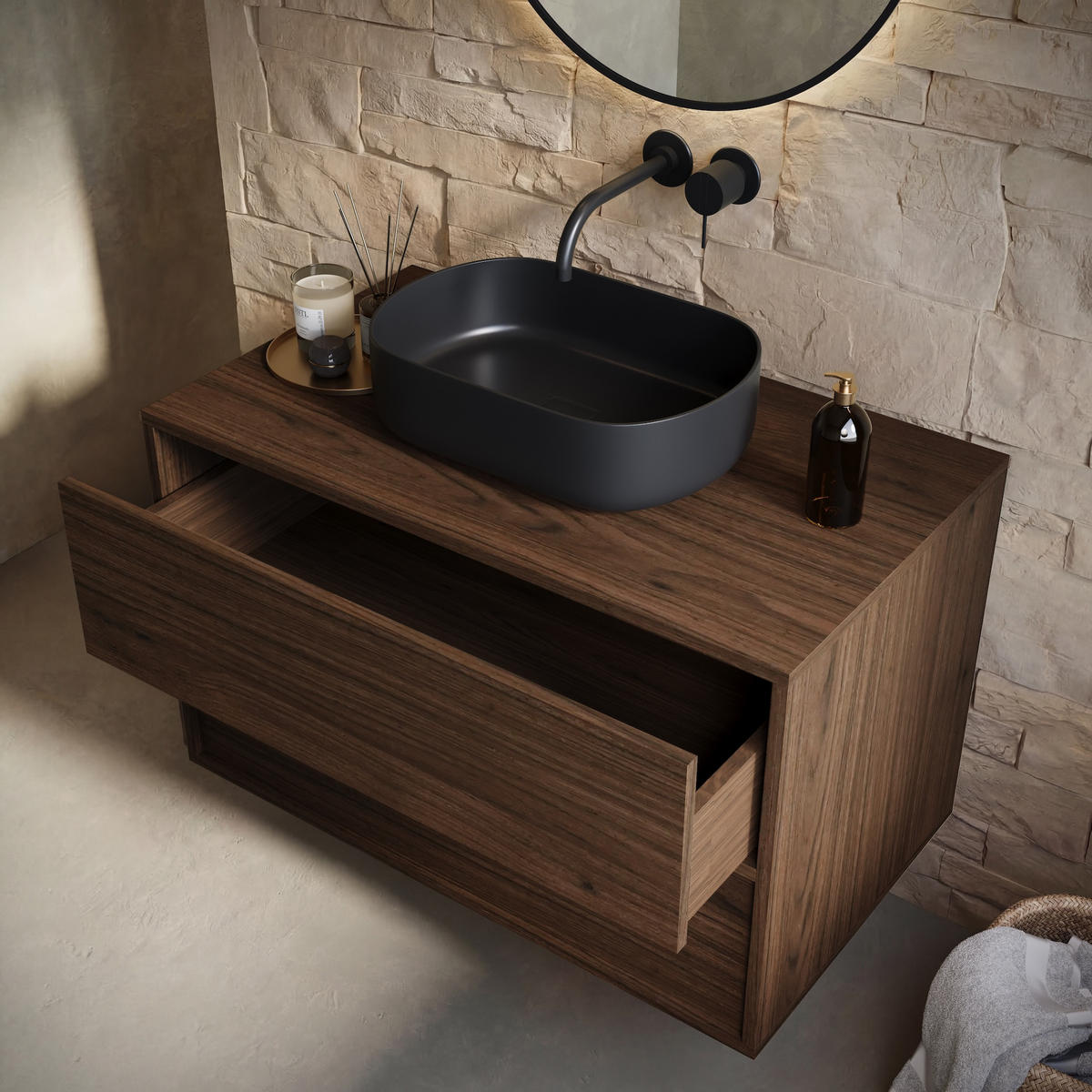WASCHBECKENUNTERSCHRANK Mali 2 Schubladen Walnuss Braun - 80 x 46 x 49 cm - Eichefarben/Walnussfarben, Holz (80/49/46cm) - Badplaats