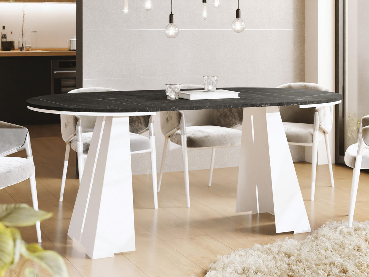 ESSTISCH Kova runder ausziehbarer, Marmor Schwarz 120-200/120/76 cm - Anthrazit/Weiß, Holzwerkstoff/Metall (120/120/76cm) - WFL GROUP