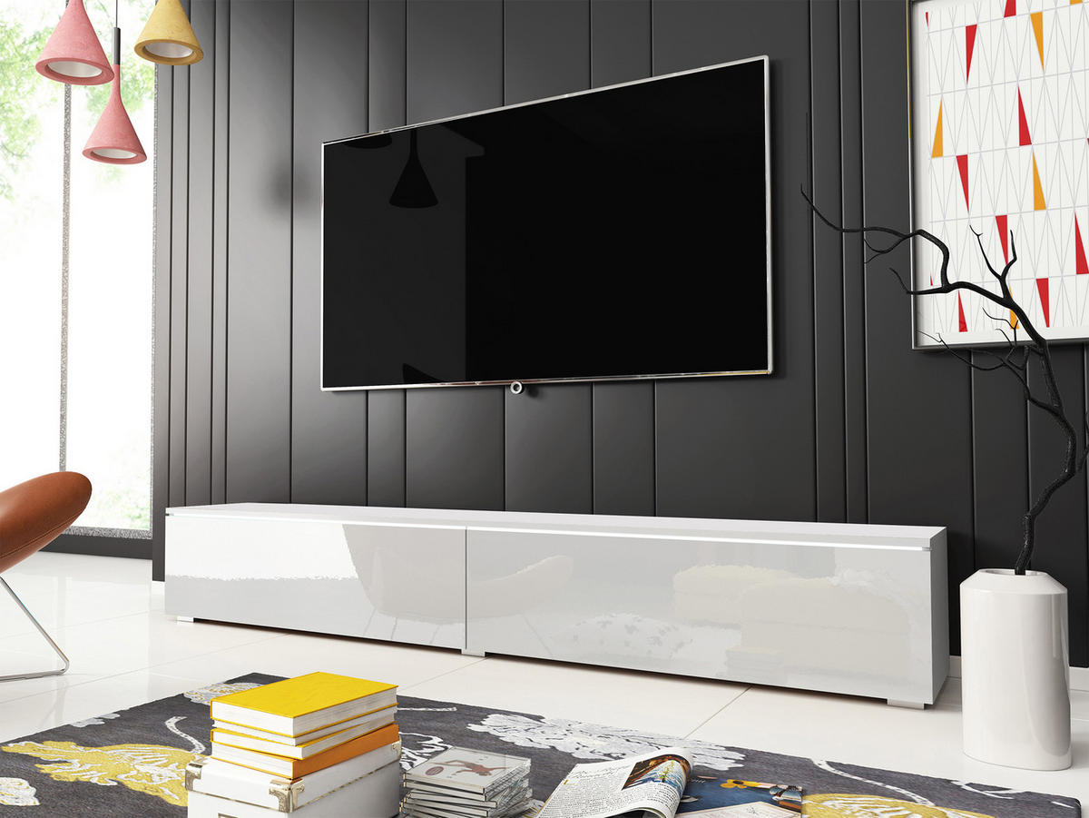 TV-LOWBOARD D180 mit weißer LED Beleuchtung - Weiß Hochglanz/Silberfarben, Holzwerkstoff/Kunststoff (180/30/33cm) - MIRJAN24