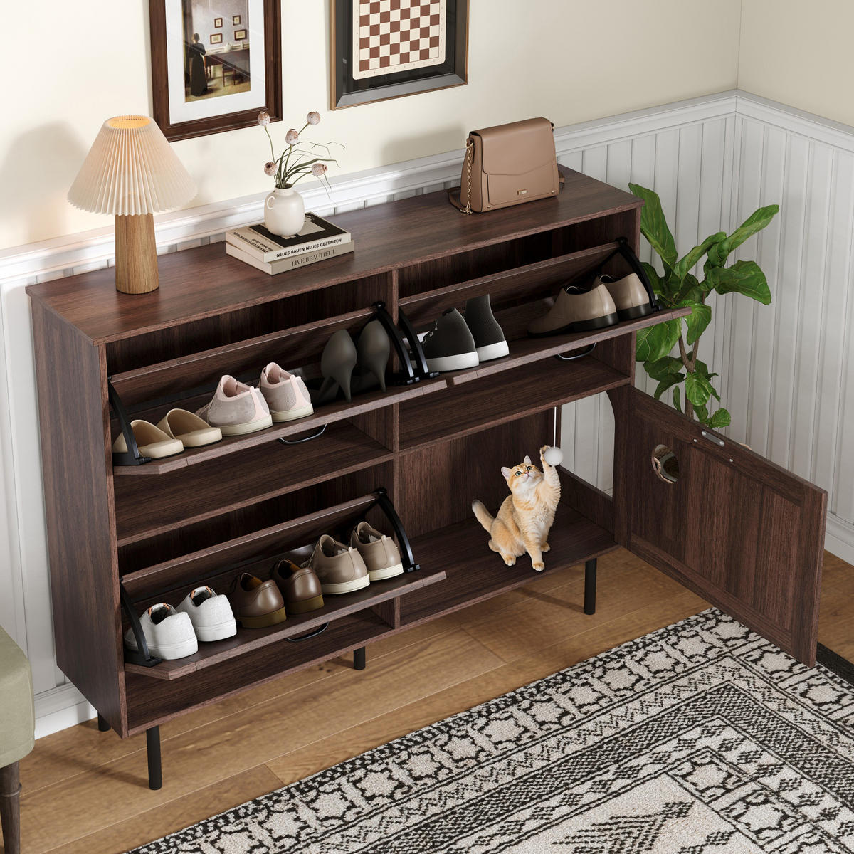 SCHUHSCHRANK 3 Klappen Ablage schmal - Naturfarben, Holzwerkstoff (120/92/28cm) - LEBENLANG