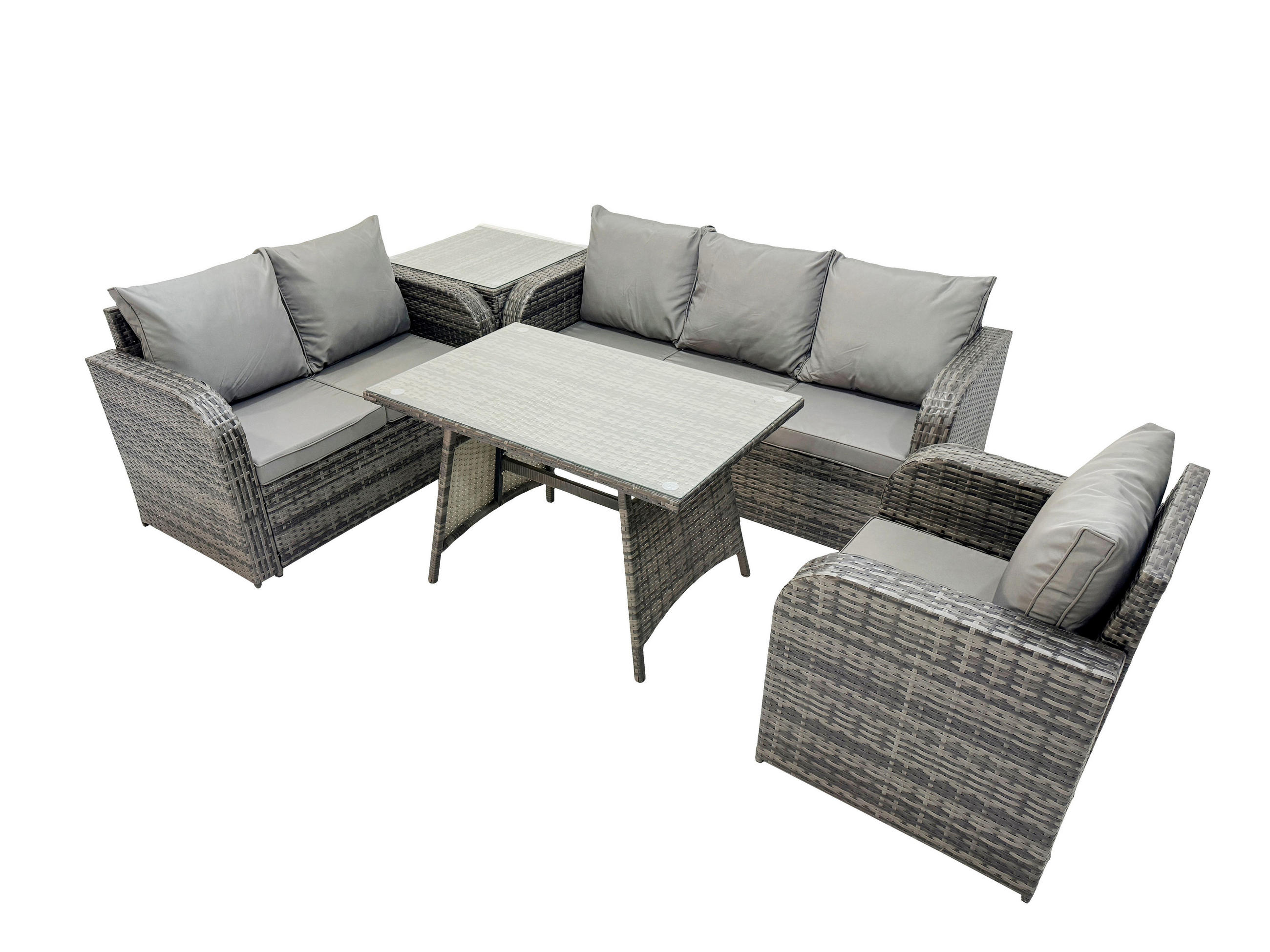 GARTENMÖBEL SET Polyrattan Dunkelgrau 6-Sitzer - Dunkelgrau/Grau, Glas/Kunststoff - Fimous