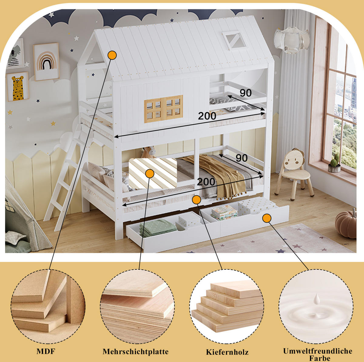 ETAGENBETT 90/200 cm weiß und natur aus Kiefer mit Fenster und Dach - Weiß, Holz (90/200cm) - OKWISH