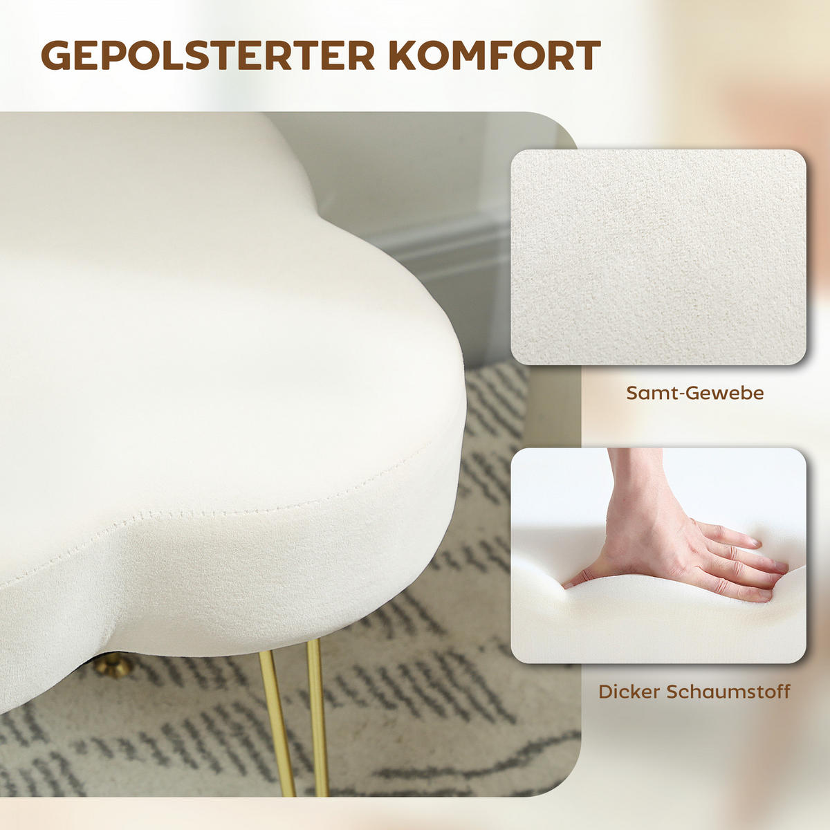 HOCKER Sitzhocker in Kleeblattform mit Stahlbeinen Fußhocker mit Samtoptik Creme - Weiß, Textil (41/40/41cm) - HOMCOM