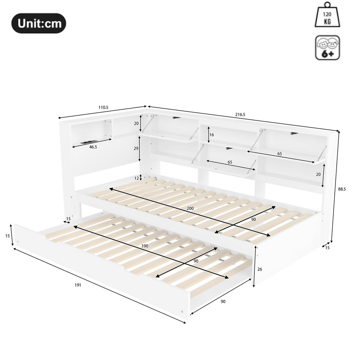 POLSTERBETT 90/200 cm mit Ausziehbett, Kopfteil mit Stauraum und USB-/Typ-C-Anschluss, Weiß - Weiß, Holz (90/200cm) - Redom