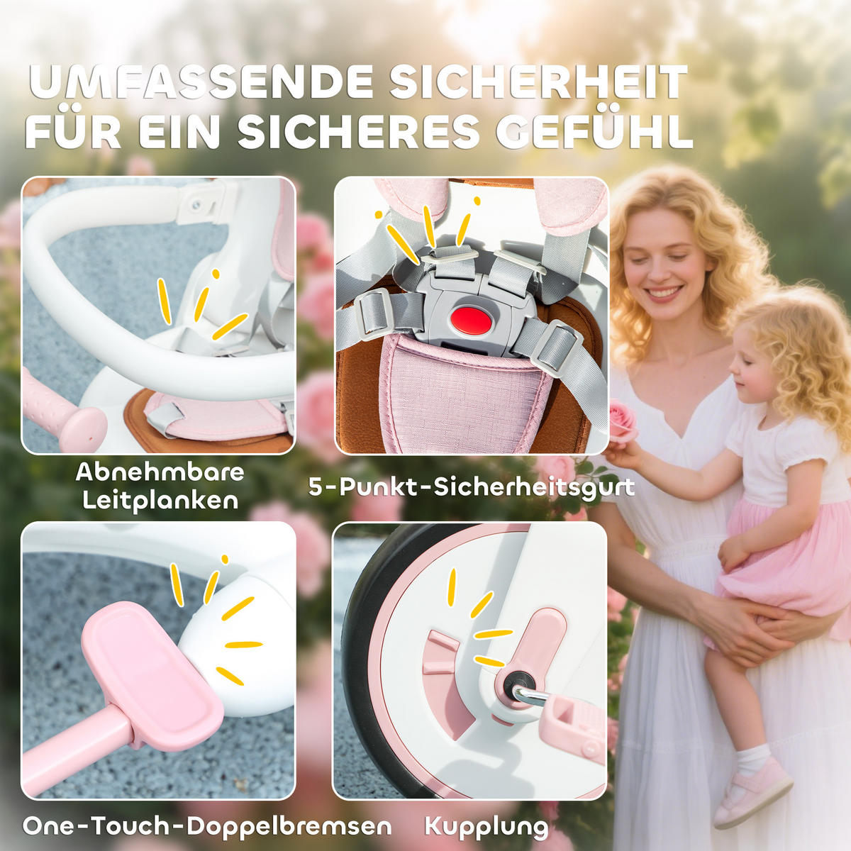 DREIRAD 5-in-1 mit Schubstange für 1-3 Jahre Faltbar mit reversiblem Sitz Rosa - Rosa, Metall (96.5/49/101cm) - AIYAPLAY