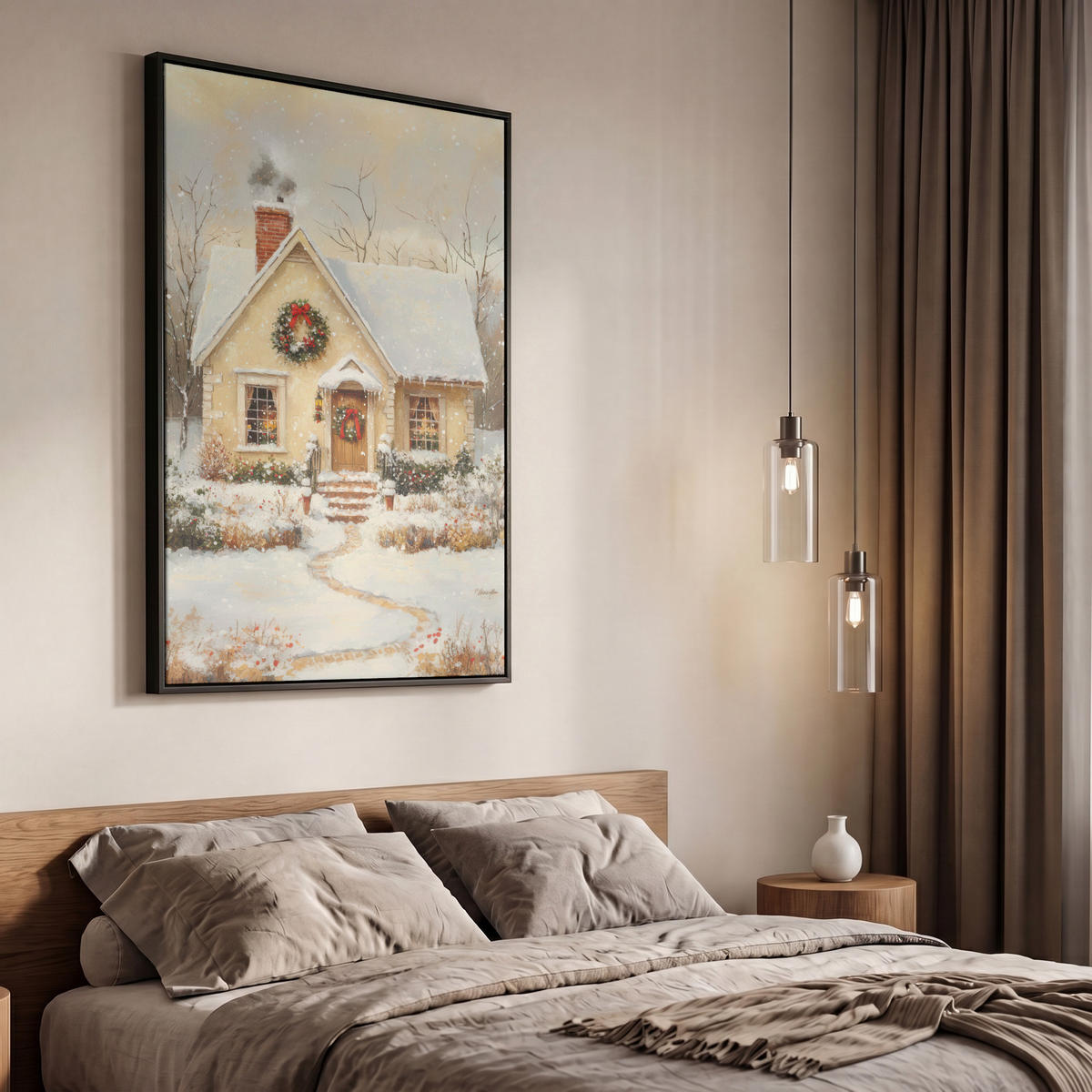 LEINWAND Bilder mit Rahmen - Weihnachten - Zuhause - Winter - Schnee - 60x90 - Creme, Textil (60/90cm) - MuchoWow