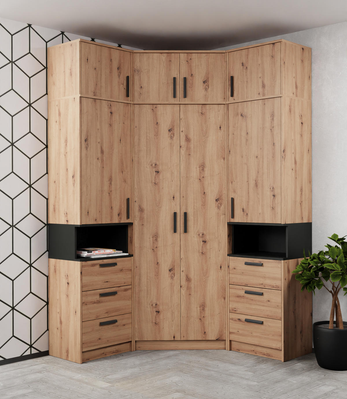 DREHTÜRENSCHRANK ECKSCHRANK REGAL GRANT SET 15/A EICHE ARTISAN 143/195/91 - Schwarz/Eiche Artisan, Holzwerkstoff/Kunststoff (143/195/91cm) - Marmex Möbel
