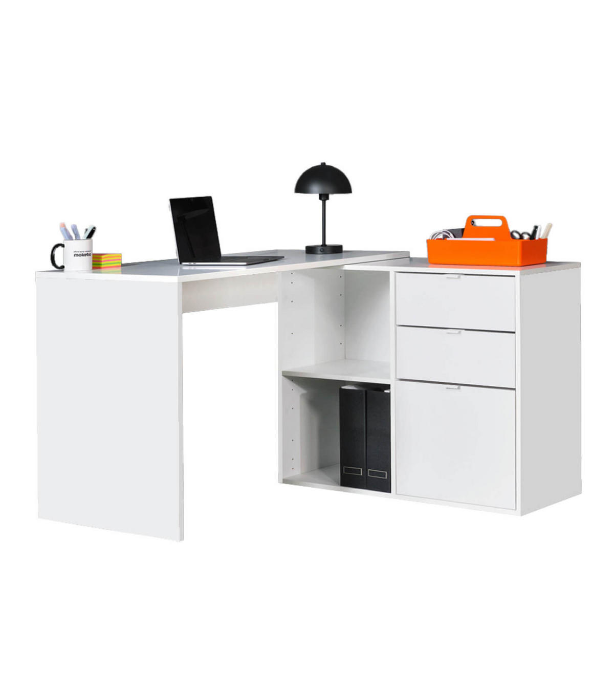 ECKSCHREIBTISCH Der Produktive - Weiß, Holzwerkstoff (108/138/77cm) - Mokebo
