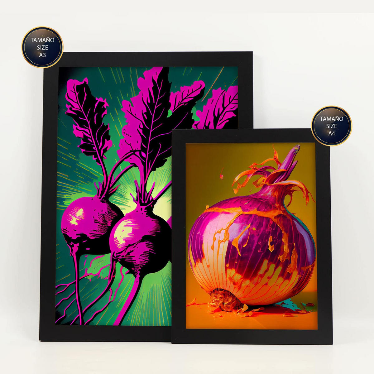 POSTER Set Mit 6 Kraftvolles Gemüse Vollfarbige Plakate Von Obst, Gemüse Und Gesunden Lebensmitteln Im Urban Art Stil A3 & A4 Schwarzer Rahmen - Schwarz, Papier (29/3cm) - Nacnic