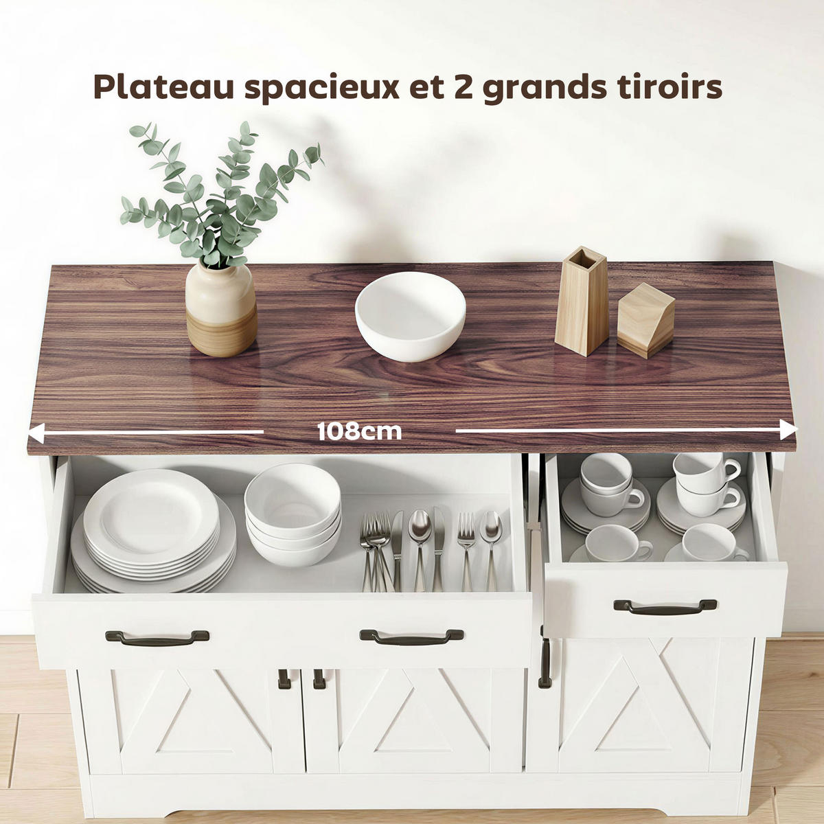 SIDEBOARD DE-11300 Landhausstil, 3 Scheunentüren Weiß - Weiß, Holzwerkstoff (108/81/40cm) - ComfortXL