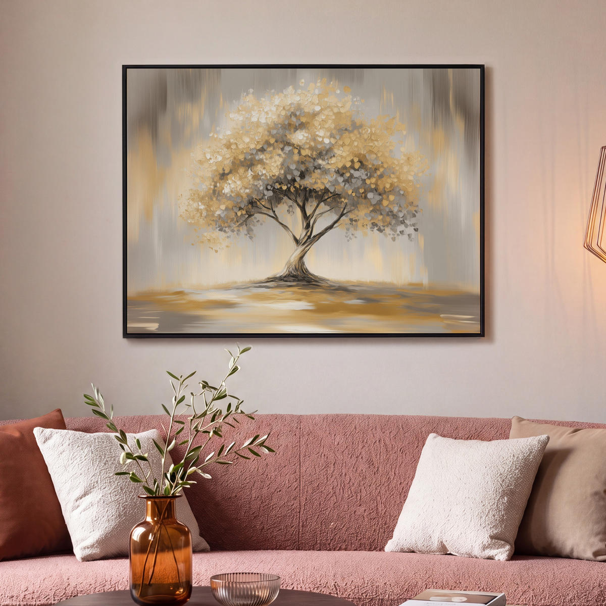 LEINWAND Bilder mit Rahmen - Gemälde - Baum - Abstrakt - Blätter - 100x70 - Beige, Textil (100/70cm) - MuchoWow