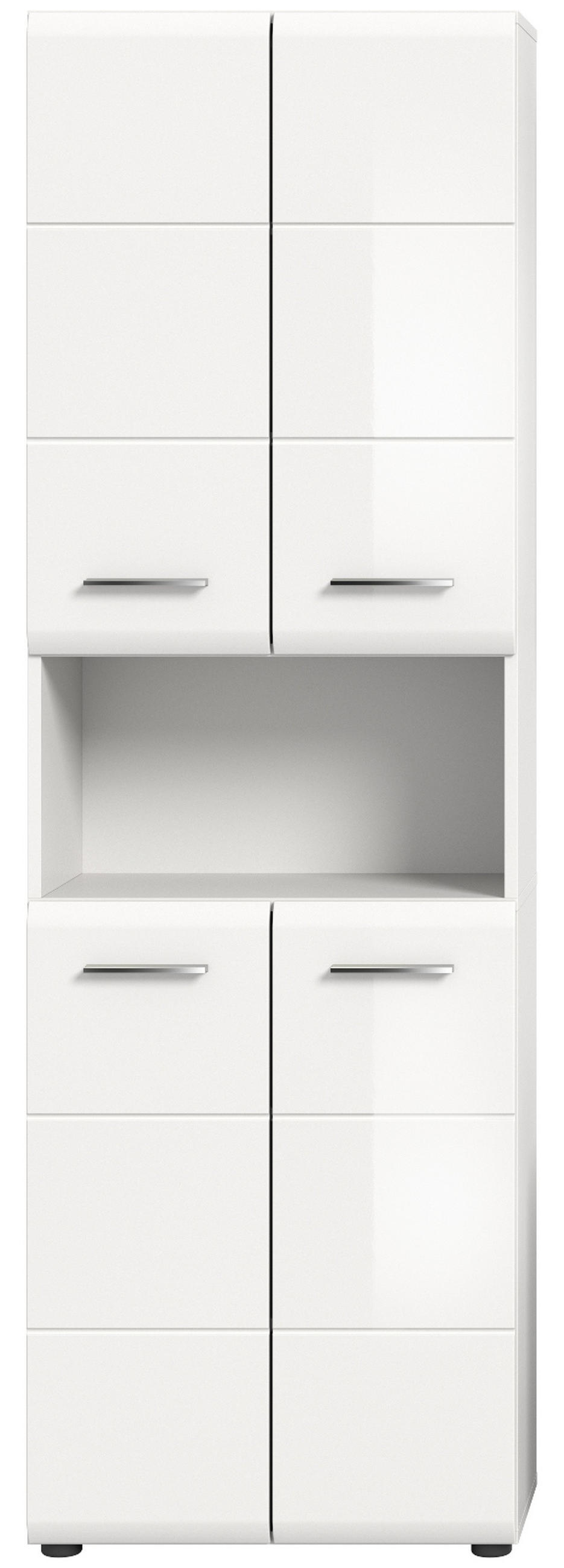 HOCHSCHRANK weiß Hochglanz, Badschrank 60 cm mit 7 großen Stauraum-Fächern - Weiß Hochglanz/Silberfarben, Holzwerkstoff/Kunststoff (60/185/30cm) - Inn.Furn