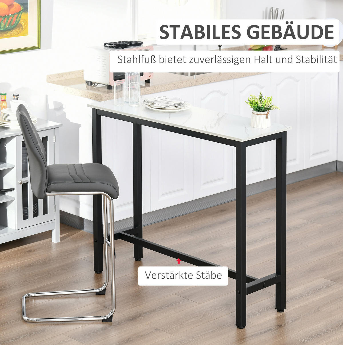 BARTISCH 120/40/100 cm mit verstellbaren Fußpads und Marmoroptik, Holzwerkstoff/Stahl, Weiß - Weiß, Holzwerkstoff (120/40/100cm) - Redom