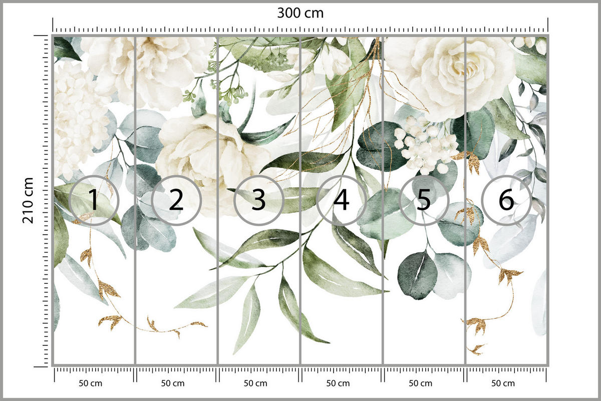 FOTOTAPETE für Schlafzimmer Aquarell Weiße Blumen Pfingstrosen Blätter Natur 300x210 - Creme/Weiß, Papier (300/210cm) - Muralo
