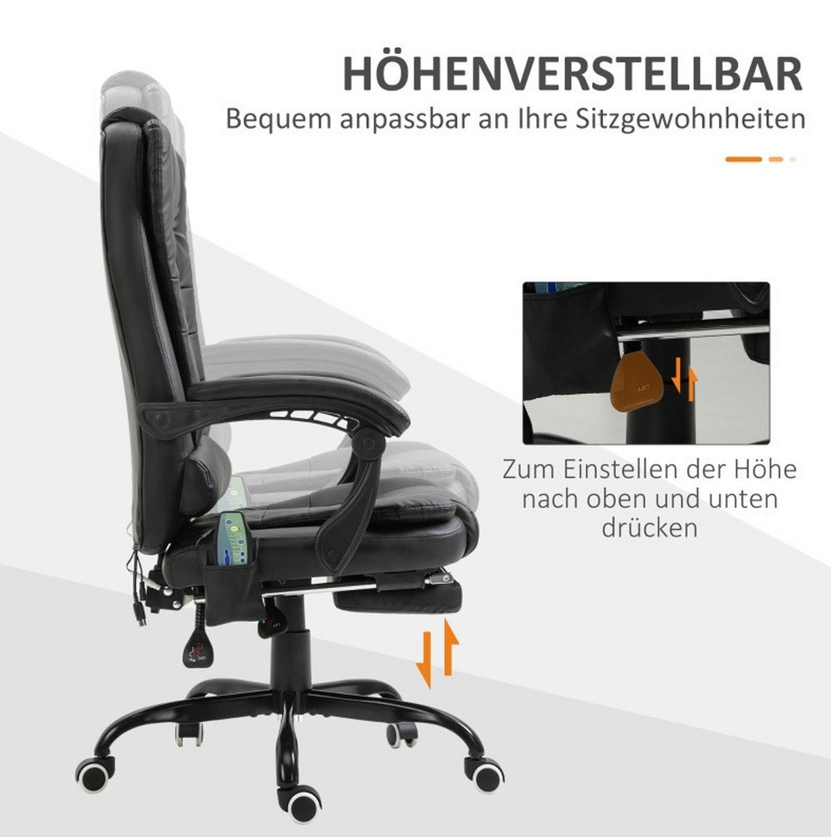 BÜROSTUHL in Schwarz 79x67x121 cm mit Massagefunktion, Fußstütze und verstellbarer Rückenlehne - Schwarz, Kunststoff (67/121/79cm) - IVMEU