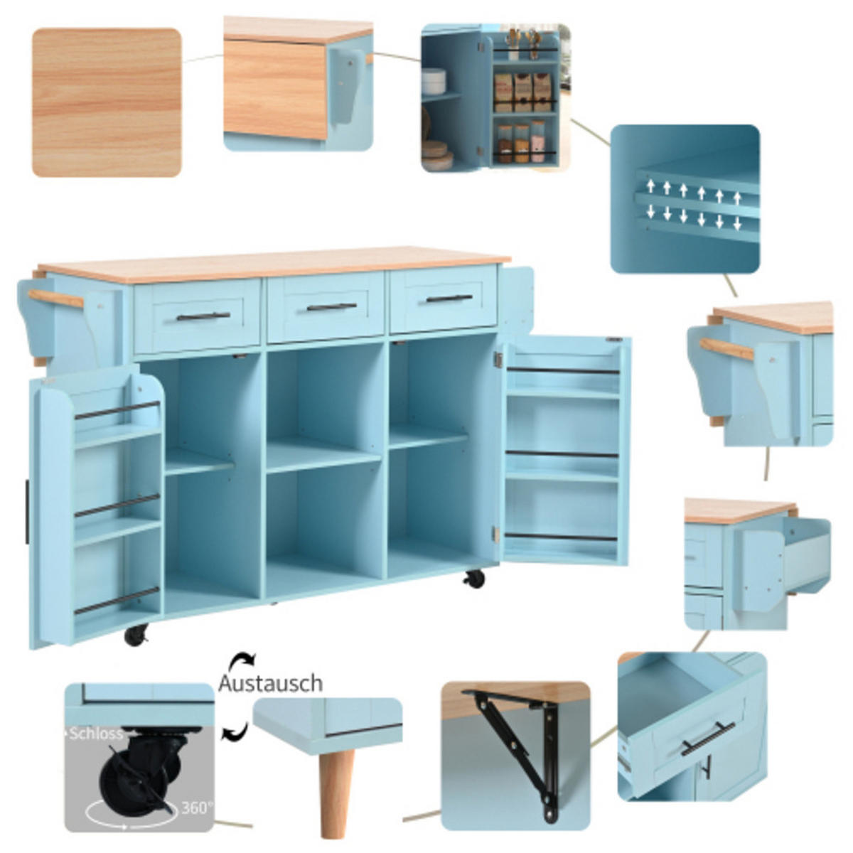 KÜCHENINSEL Blau aus MDF mit klappbarer Erweiterungsplatte 139 × 46 × 91,5 cm - Blau, Holzwerkstoff (139/91.5/71cm) - Luhomfu
