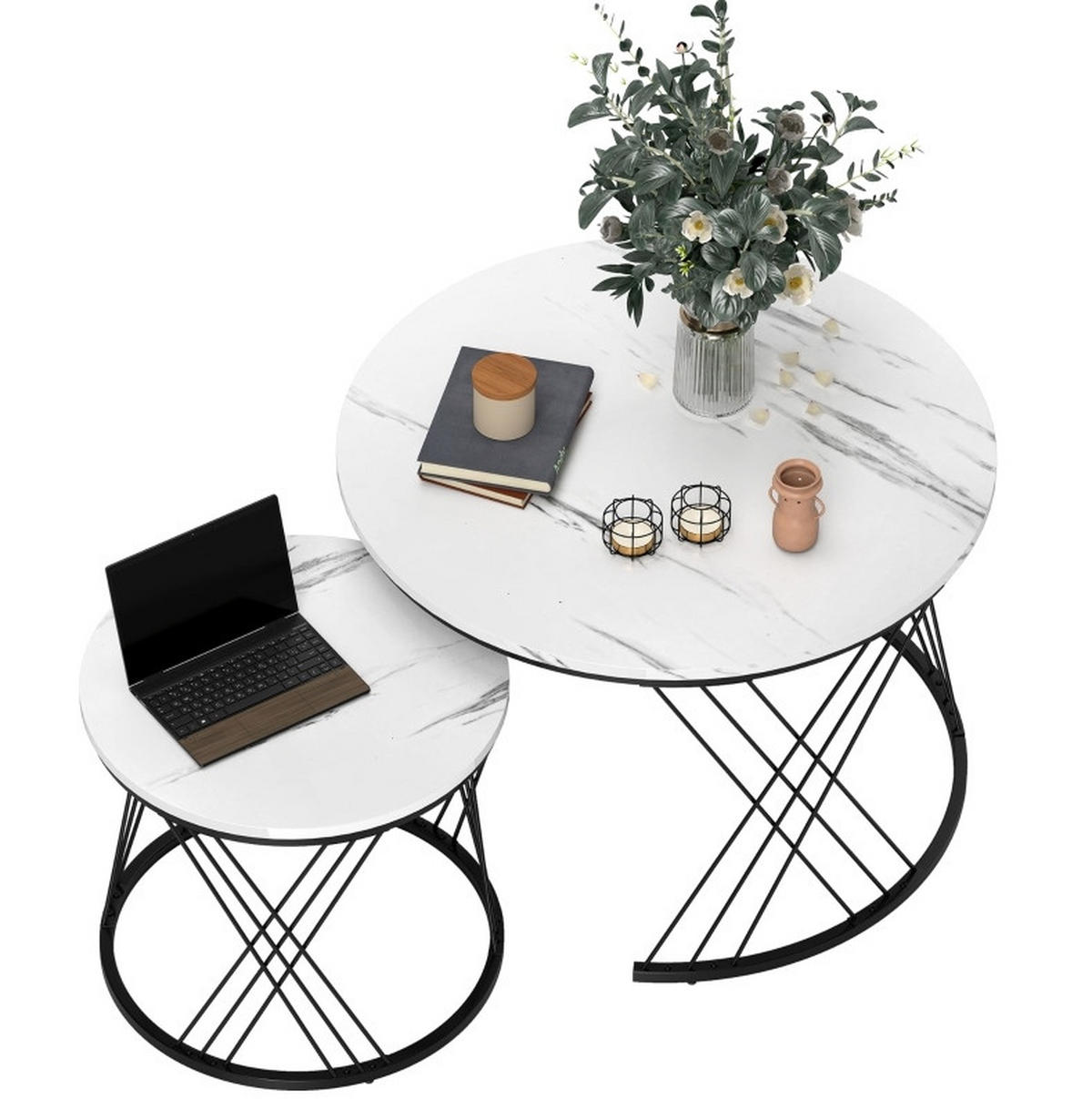 COUCHTISCH-SET 70/70/46,5 cm & 44,5/44,5/39 cm nestbar mit Marmoroptik und Metallgestell, Weiß - Weiß, Holz (70/70/46.5cm) - Modfu