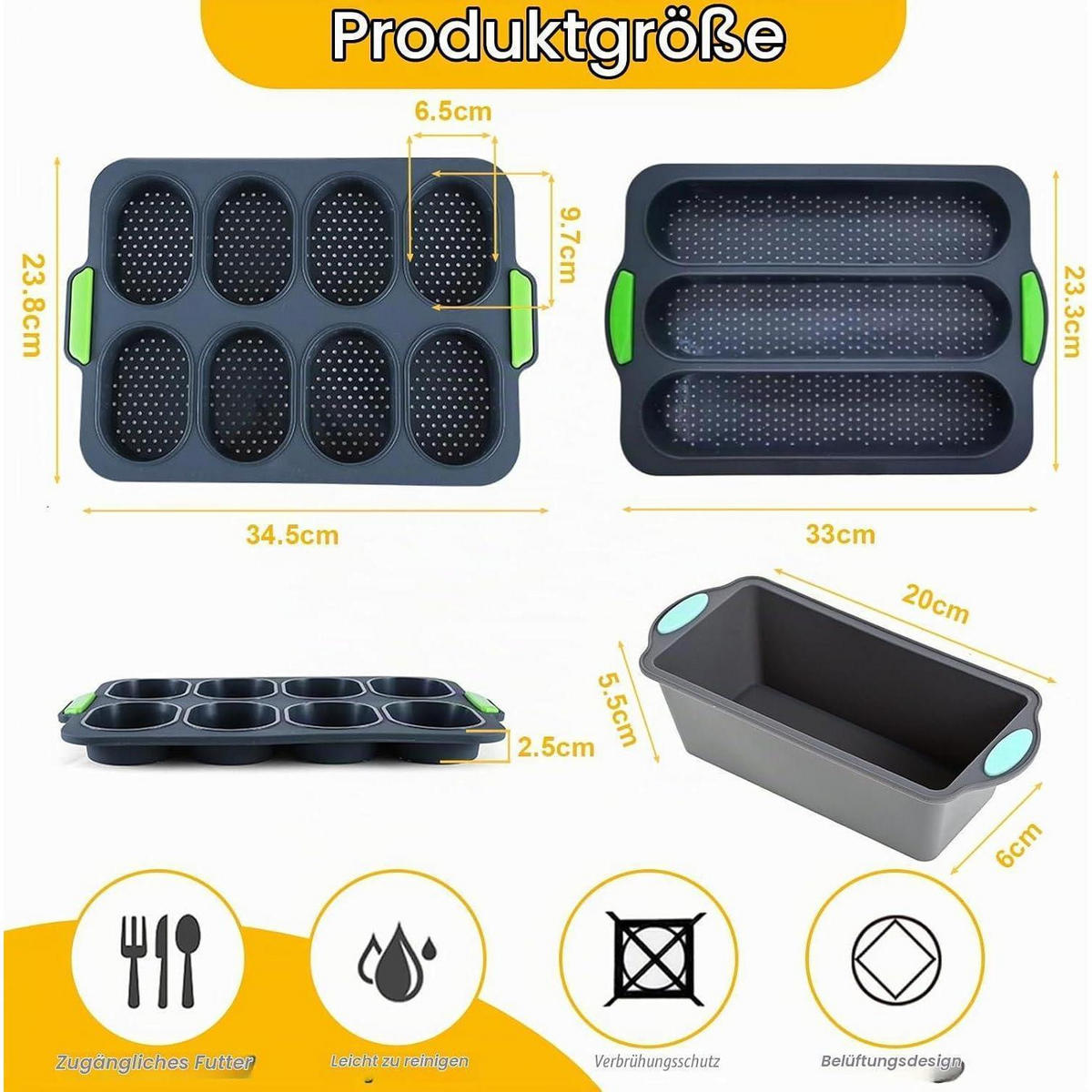BROTBACKFORM 3-teiliges Set Silikon Non-Stick Hitzebeständig - Schwarz, Kunststoff (23.8/6.5/34.5cm)