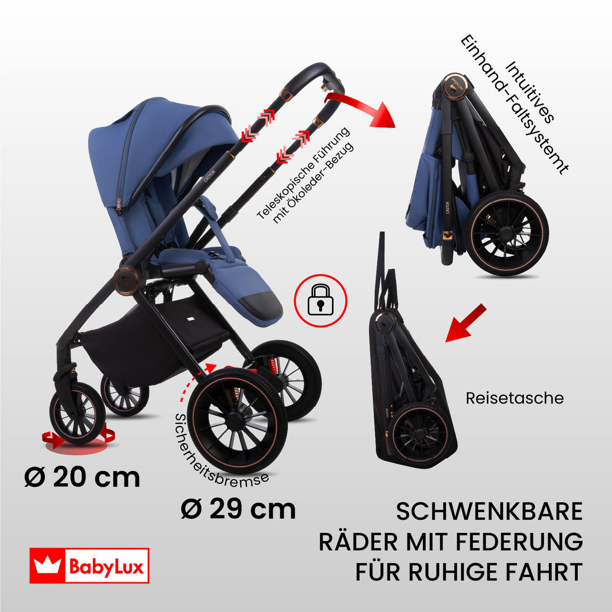 KINDERWAGEN Castor 4in1 Sapphire Babywanne, Reisebuggy, Autositz, Isofix Basis - Blau/Schwarz, Textil/Metall (58/98cm) - BabyLux