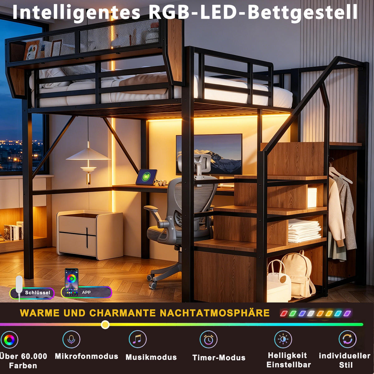 HOCHBETT 140/200 cm in Schwarz mit LED-Beleuchtung, Schreibtisch und Stauraum - Schwarz, Metall (140/200cm) - Flora Grace