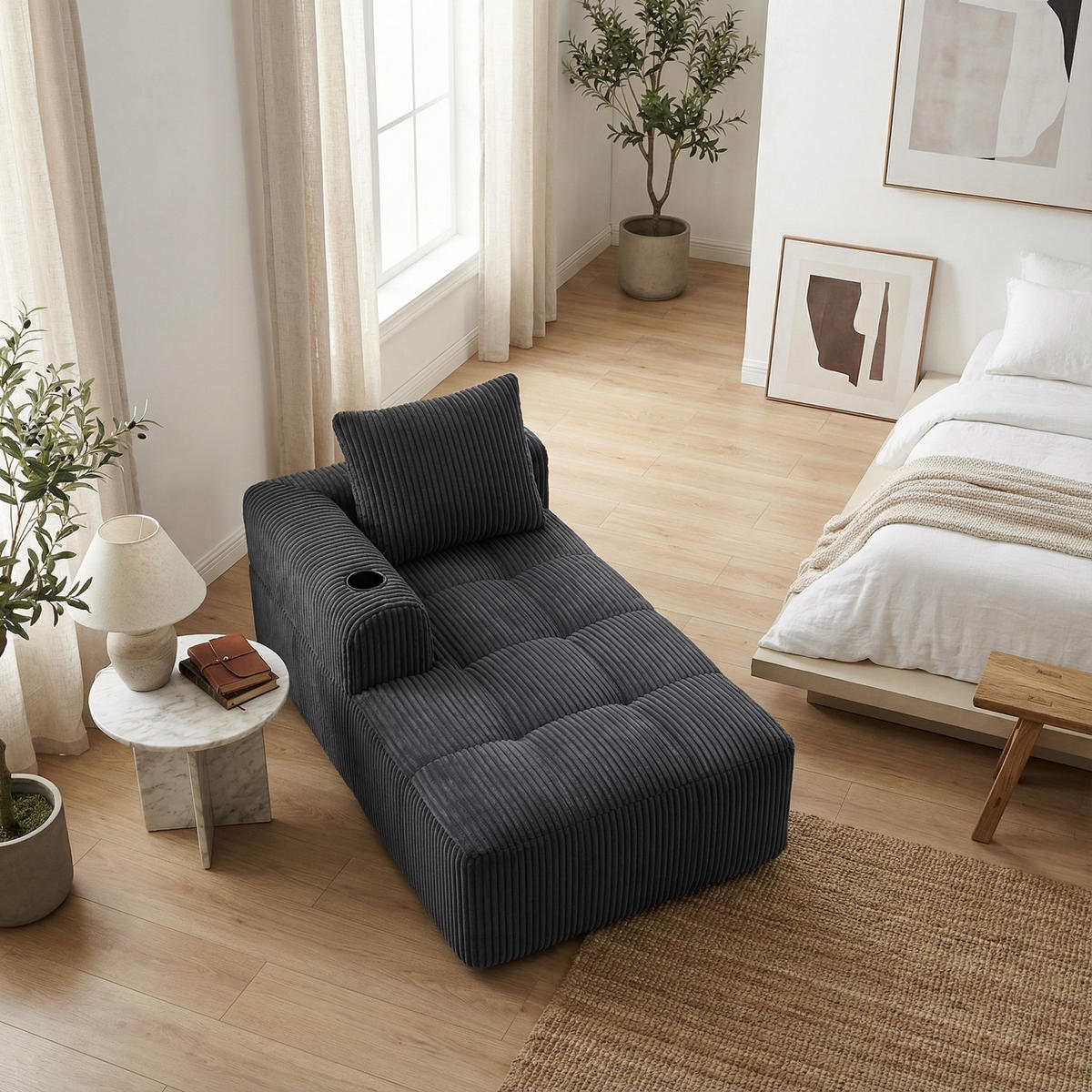 CHAISELONGUE in Cord (158 cm) mit Getränkehalter & Seitentaschen - Dunkelgrau, Textil (158/61/93cm) - Urban Meuble