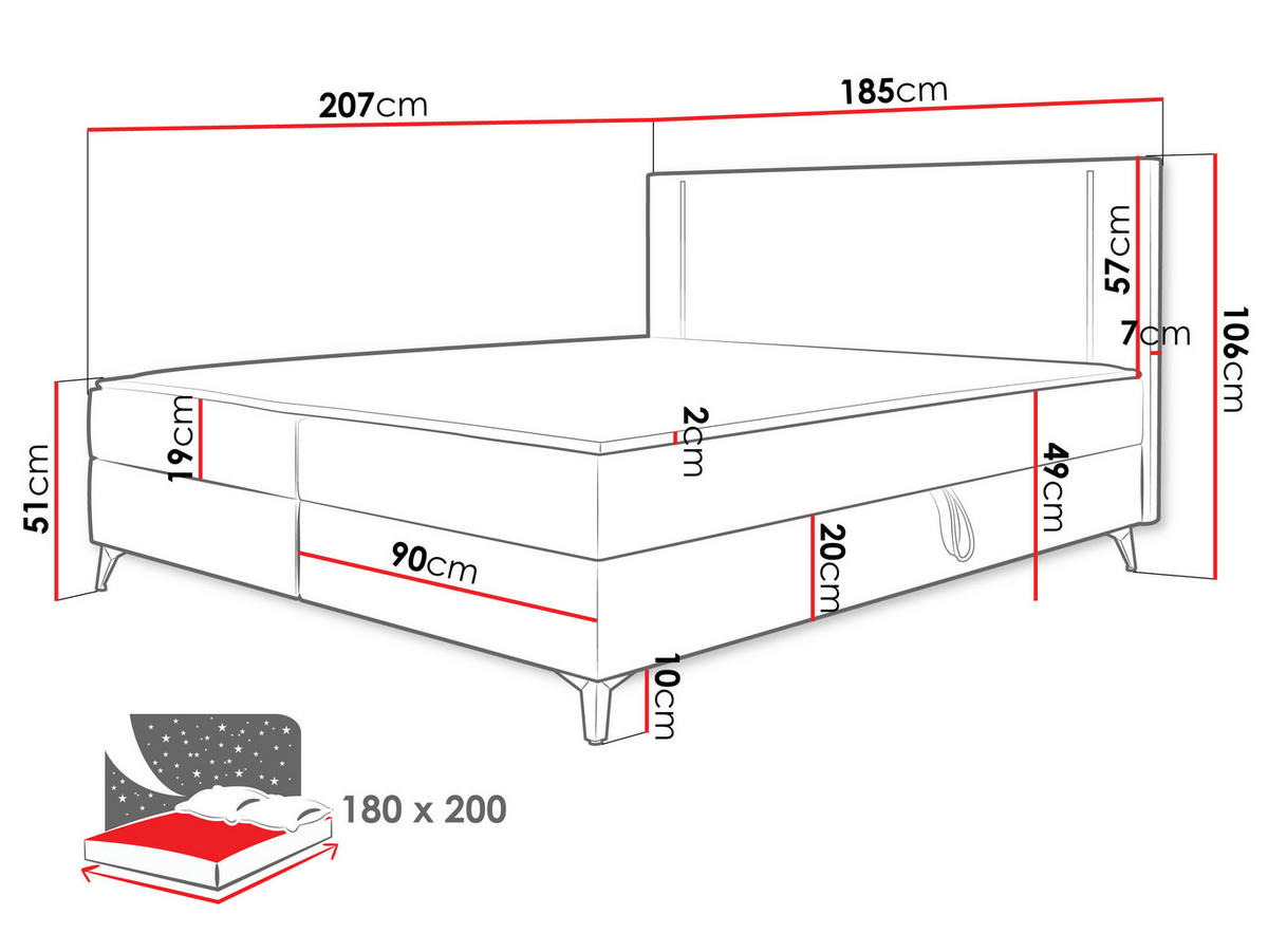 BOXBETT Ono 2 - Blau/Schwarz, Holz/Textil (180/200cm) - MIRJAN24