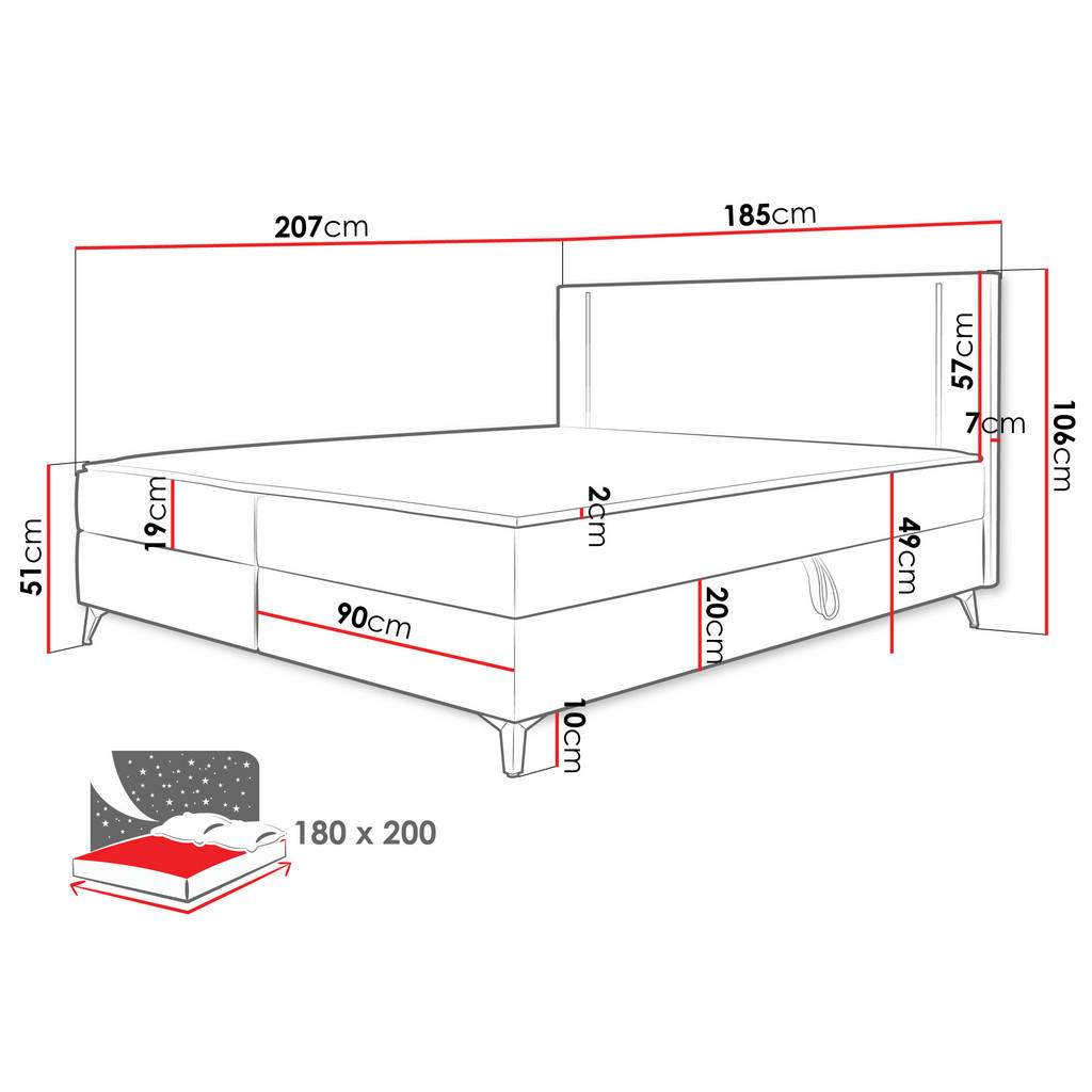 Thumbnail - Mirjan24 Boxbett, Schwarz, Textil, H3, Höhe ca. 19 cm, Rechteckig, 180x200 cm, Schlafzimmer, Betten, Boxspringbetten