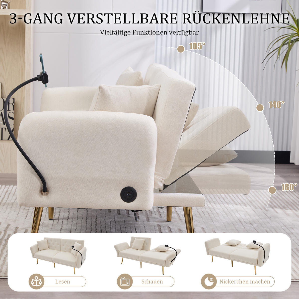 SCHLAFSOFA 2-Sitzer Chenille mit 3-fach verstellbarer Rückenlehne und USB-Anschluss Beige 173/78/78 cm - Beige, Textil (78/78/173cm)