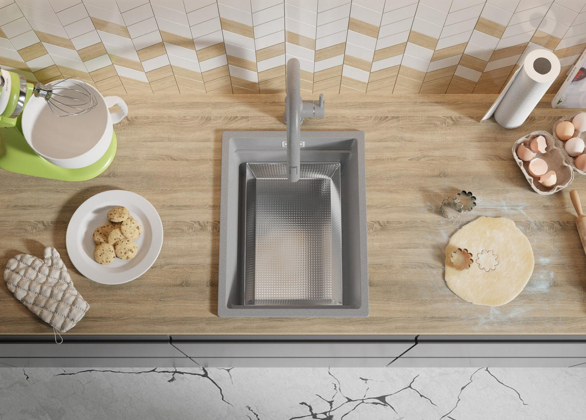 GRANITSPÜLE Praga Slim, 2-er set Grau 36/47 cm 1 Becken + Küchenarmatur 40/20 cm + Ablauf-Set + Aufrollbare Abtropffläche ab 40er Unterschrank - Chromfarben/Grau, Kunststoff (36/20/47cm) - Primagran