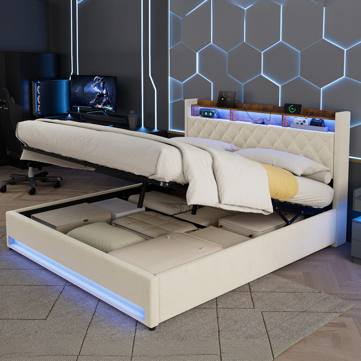 POLSTERBETT 180/200 cm Beige aus Samt, ergonomisch, schmutzabweisend für Zimmer & Hotels - Beige, Textil (180/200cm) - OKMYHOME