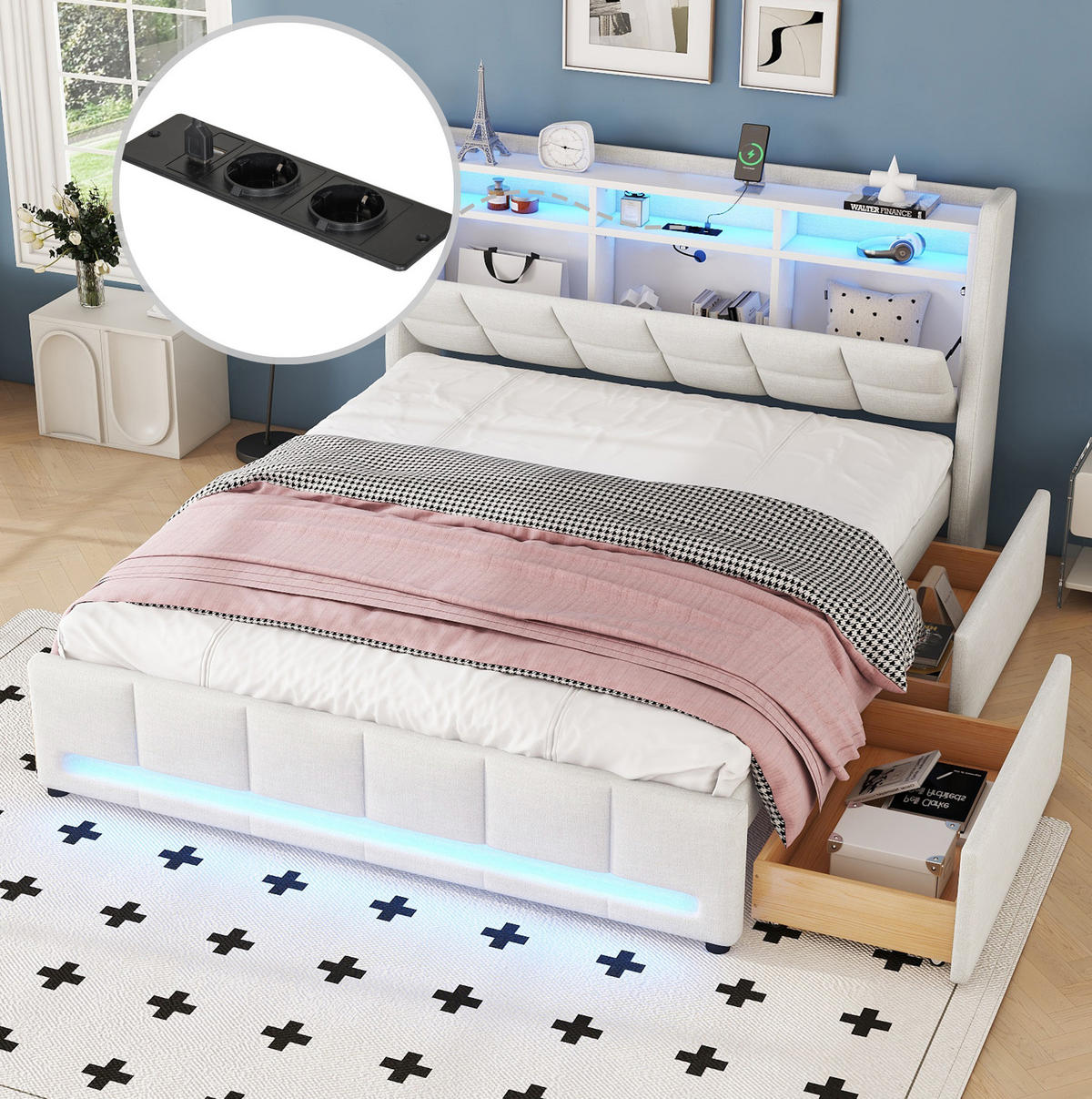 POLSTERBETT 140/200 cm Beige aus Leinen mit LED-Beleuchtung und Schubladen - Beige, Textil (140/200cm) - OKMYHOME
