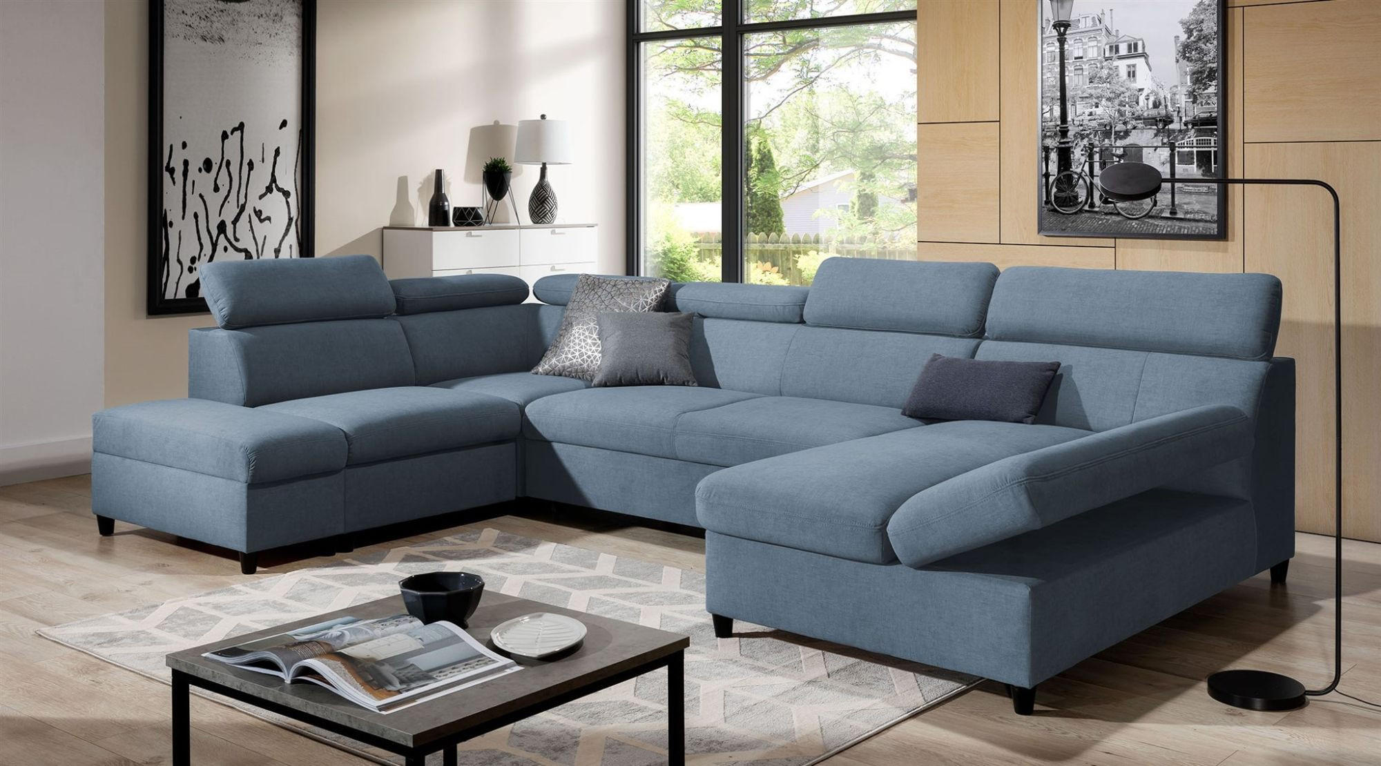 WOHNLANDSCHAFT Schlafsofa Anton - Hellblau, Holzwerkstoff/Textil (342/96/205cm) - Fun Möbel