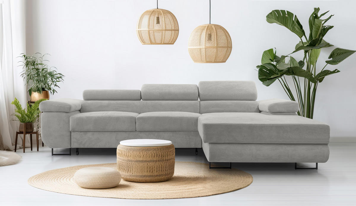 ECKSOFA L Form Arborio Hellgrau 280/203/90 cm Rechts mit Schlaffunktion - Hellgrau/Schwarz, Textil/Metall (280/203cm) - AX Living