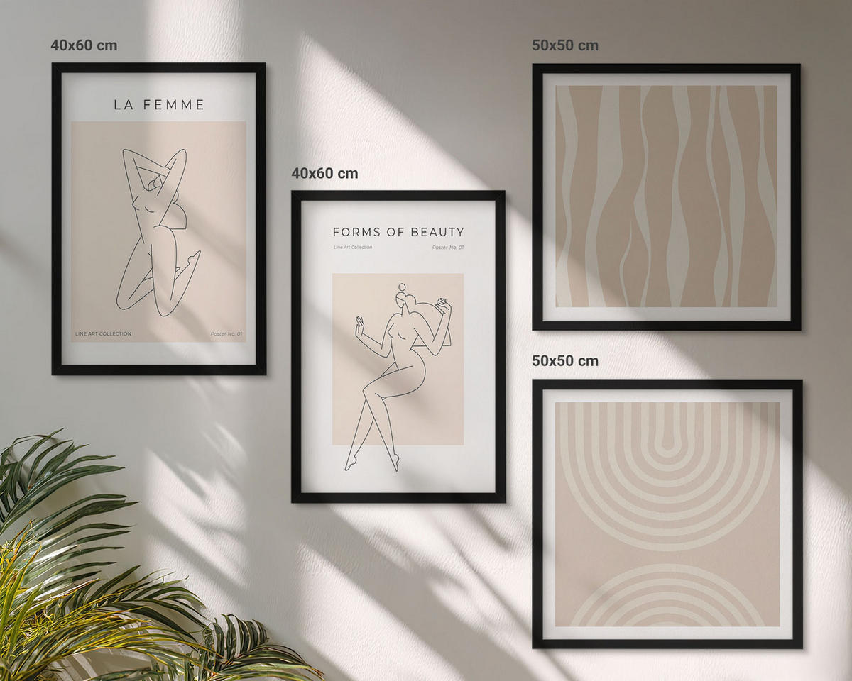 BILDER SET 4er Set - 50x50 cm & 40x60 cm Schwarzer Rahmen - Eine Sammlung minimalistischer Formen - Schwarz, Kunststoff (50/50cm) - TULUP