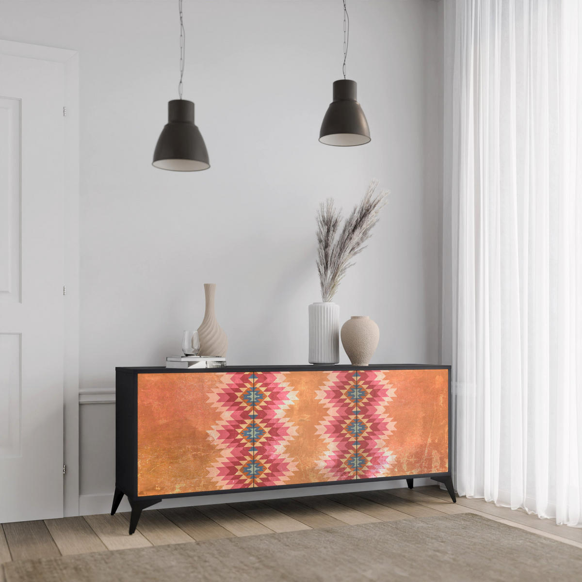 SIDEBOARD INDIAN FOLK, Graue Oberfläche, 164,5x42x70,5 cm, 3 Türen - Schwarz/Grau, Holzwerkstoff/Metall (164.5/70.5/42cm) - SpaceRebels