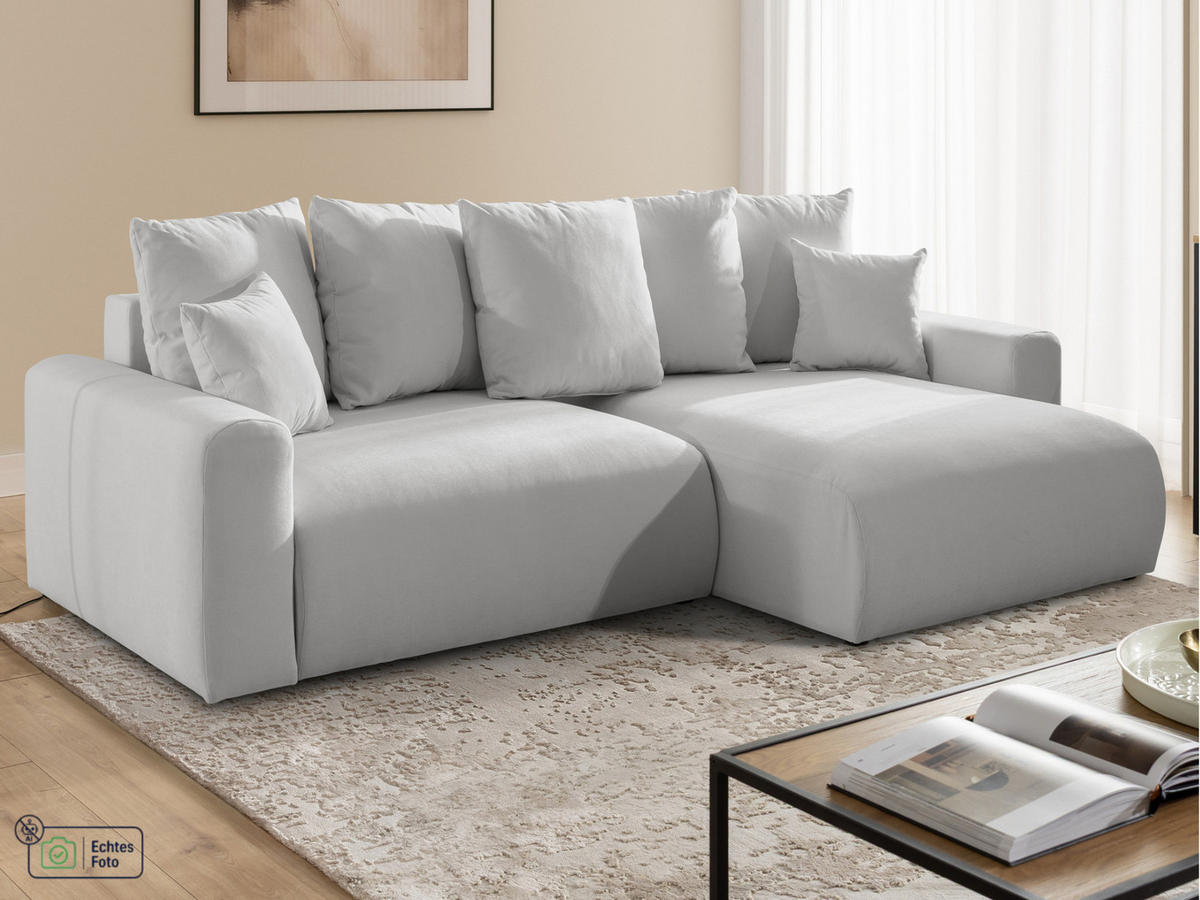 ECKSOFA Calma mit Schlaffunktion und Bettkasten im Bumpy-Design aus weichem Grau Webstoff - Ottomane rechts - Schwarz/Grau, Holz/Kunststoff (140/239cm) - S-Style
