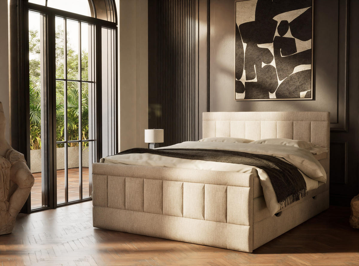 BOXSPRINGBETT Caya 200/200 cm, in Beige, Bettkasten, Matratze, Topper - Beige/Schwarz, Holz/Holzwerkstoff (200/200cm) - Maison de Reve