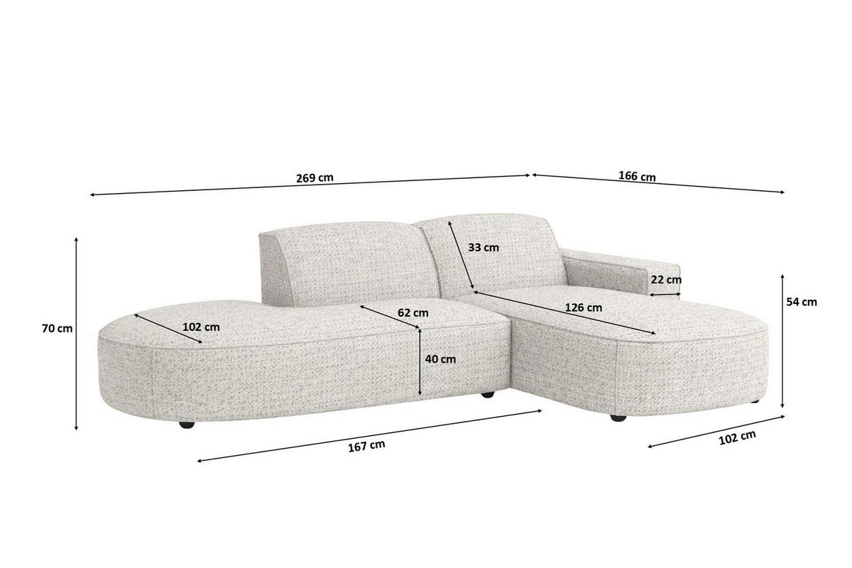 ECKSOFA Cursal Atelier, Stoff Artico, Nata, Rechts - Creme, Holz (269/166cm) - Kaiser Möbel