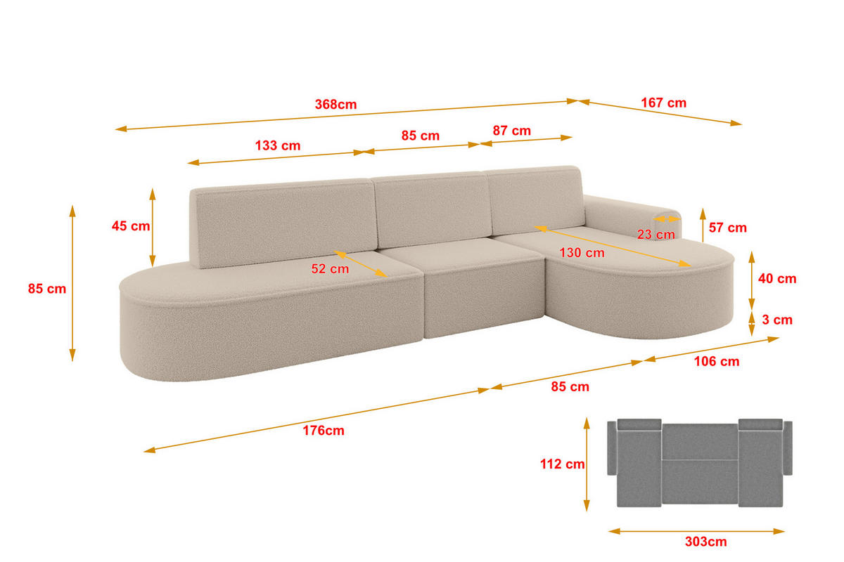 ECKSOFA mit Schlaffunktion Ottomane RECHTS MARI L2-S 368X167X85 Dunkelbeige Bouclé - Hellbraun/Schwarz, Holzwerkstoff/Kunststoff (167/368cm) - ALTDECOR