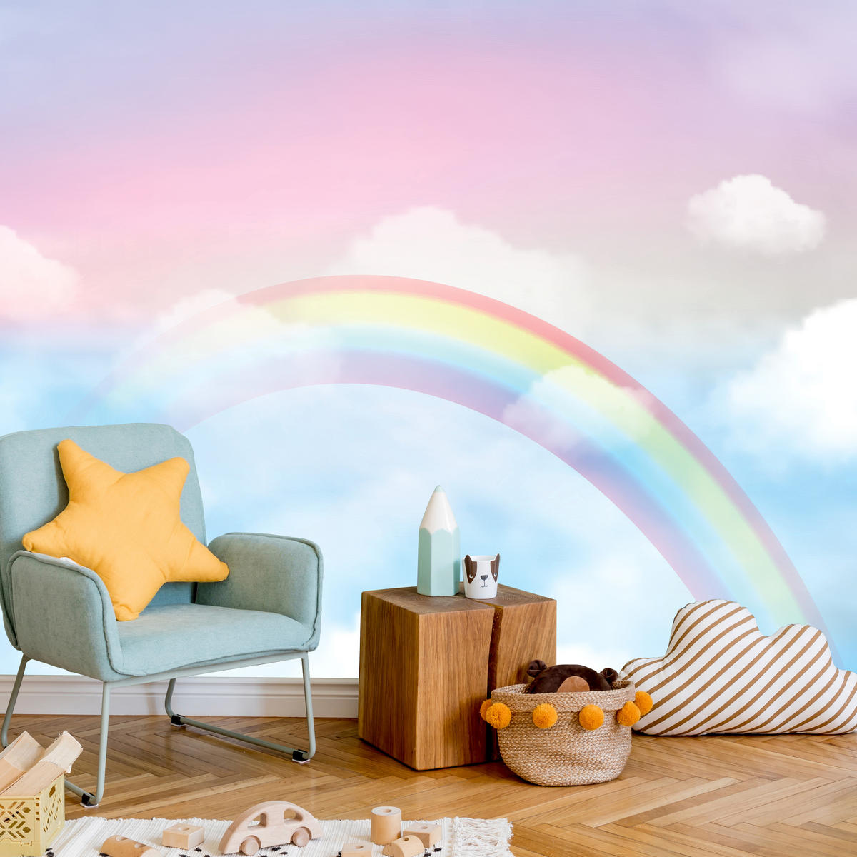 FOTOTAPETE für Schlafzimmer Regenbogen Rosa Himmel Wolken 500x350 - Blau/Gelb, Papier (500/350cm) - Muralo