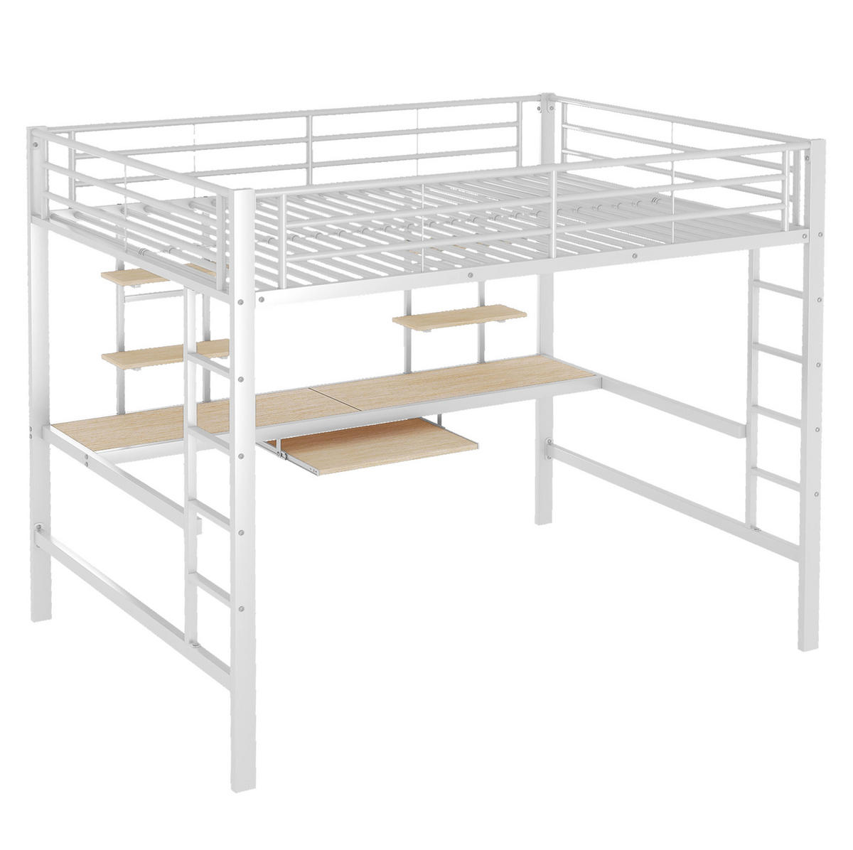 HOCHBETT mit Schreibtisch 140/200 cm in Weiß – mit 2 Regalen und Rausfallschutz - Weiß, Metall (140/200cm) - BEAOK