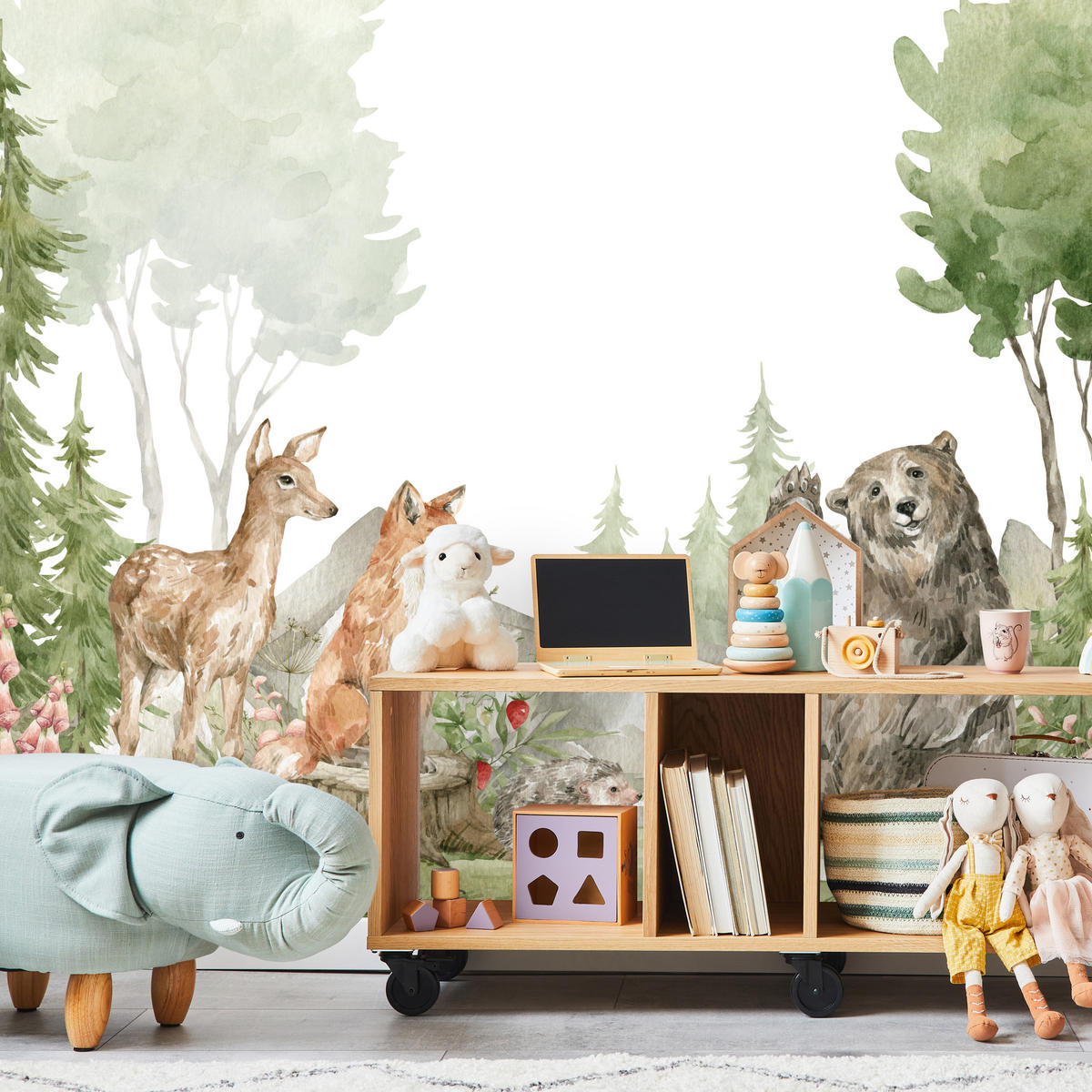 FOTOTAPETE für Kinderzimmer Aquarell Waldtiere Fuchs Reh Tragen 450x315 - Multicolor, Papier (450/315cm) - Muralo