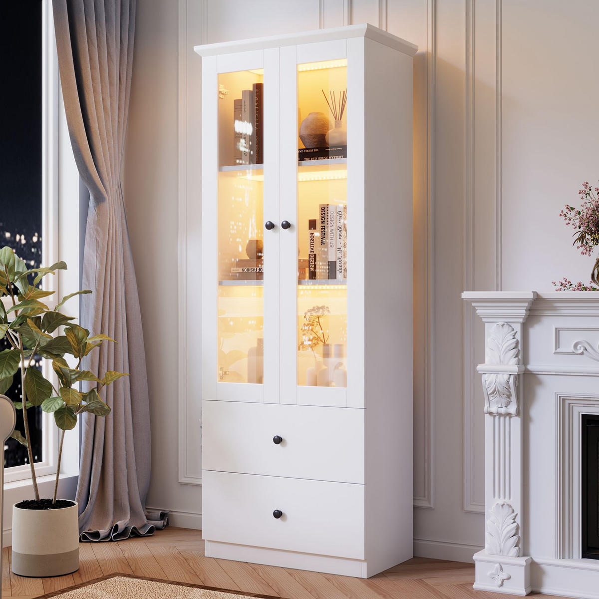 LED-VITRINE mit 2 Schubladen in weiß - Weiß, Holz (36/165/60cm) - KOMHTOM