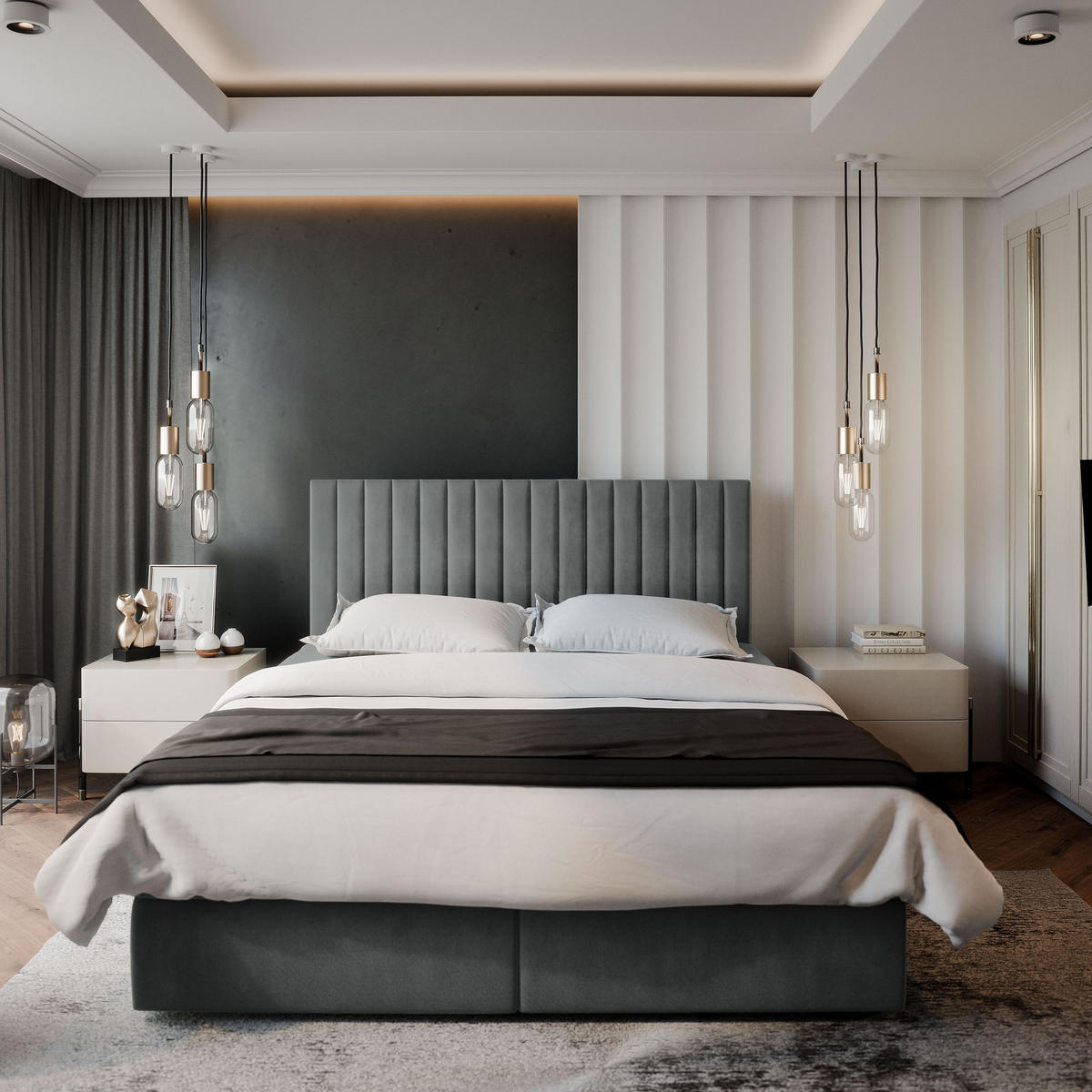 BOXBETT BRESEL 140x200 cm mit Matratze und Topper - Grau - Grau, Holz (140/200cm) - MASSENO