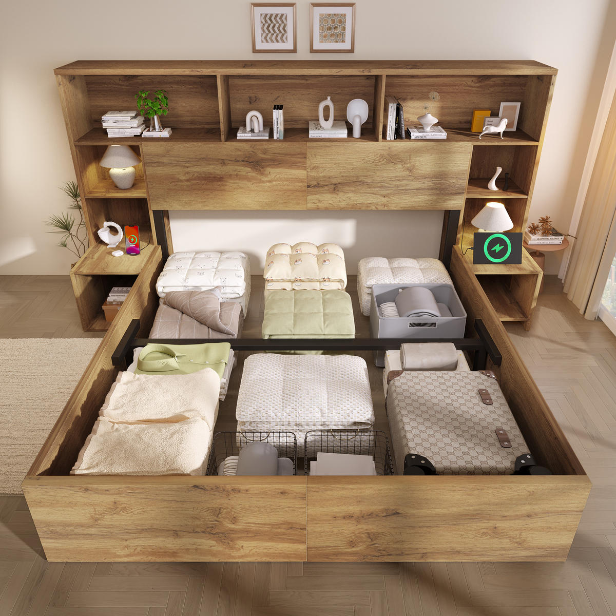 POLSTERBETT 180/200 cm Eiche mit integrierten Nachttischen, LED und USB-C, Ohne Matratze - Eichefarben, Holz (180/200cm) - Oxeza