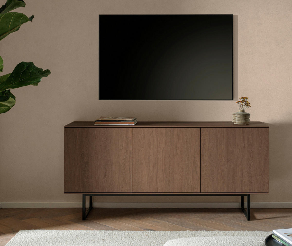 TV-LOWBOARD Nussbaum 150 x 70 cm, TV Unterteil mit Push-to-Open und Komforthöhe - Nussbaumfarben/Schwarz, Holzwerkstoff/Metall (150/70/40cm) - Furn.Design