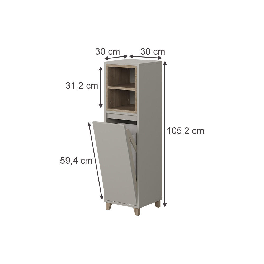 MIDISCHRANK Elnor Greige/Eiche 30 x 105.2 cm mit ausklappbarem Wäschebehälter - Greige/Eichefarben, Holzwerkstoff (30/105.2/30cm) - Vicco
