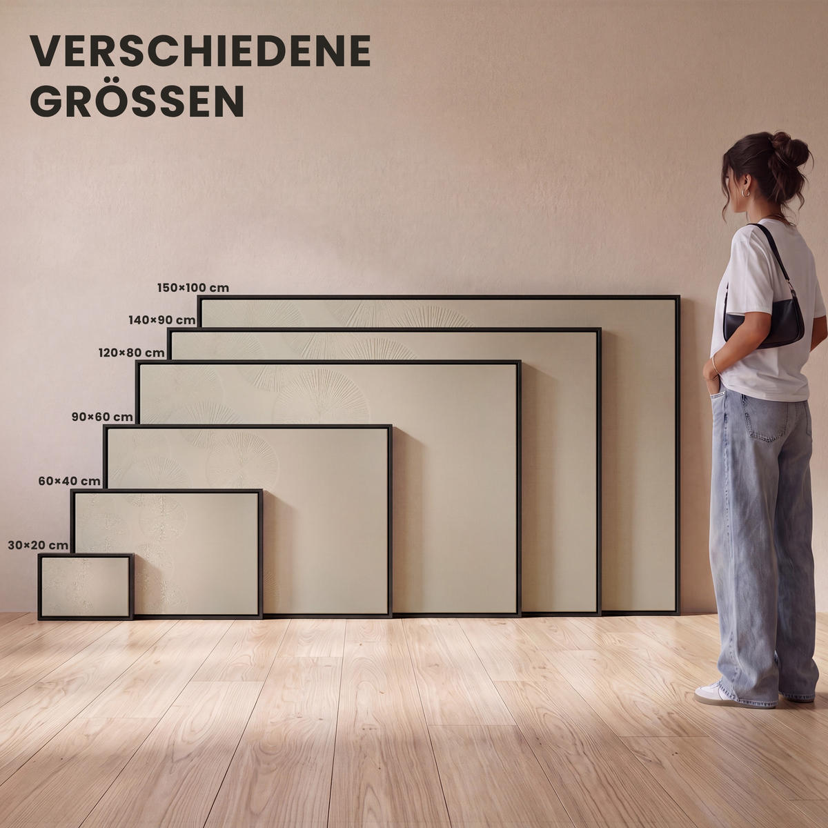 LEINWAND Bilder mit Rahmen - Japandi - Beige - Modern - 150x100 - Ecru, Textil (150/100cm) - MuchoWow