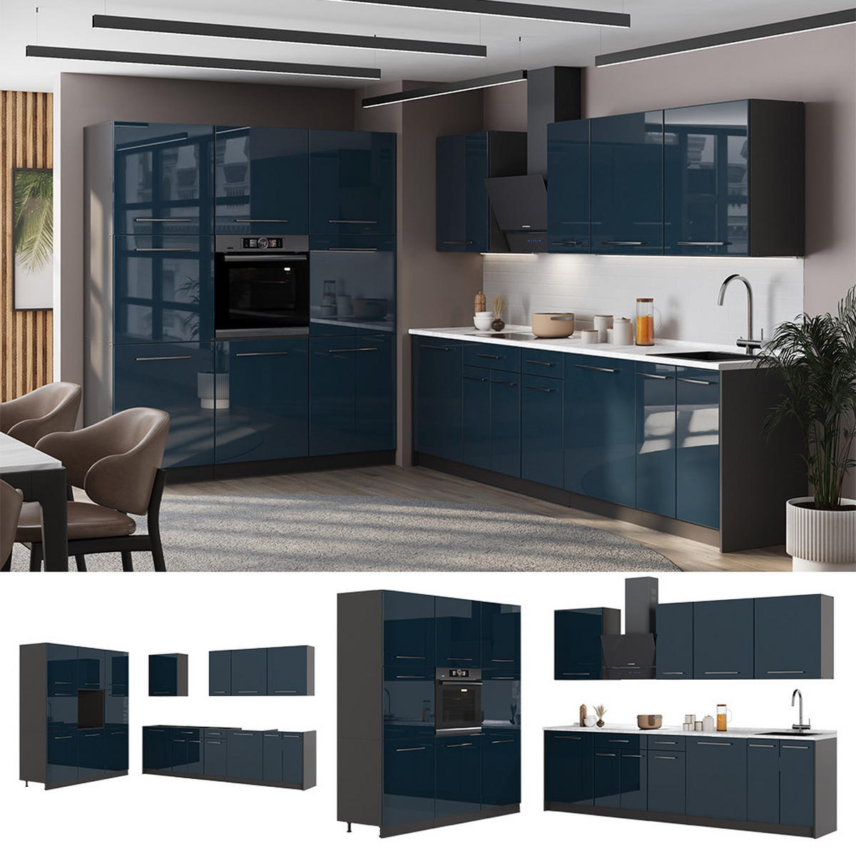 KÜCHENZEILE Fame-Line, Dunkelblau Hochglanz/Anthrazit, 460 cm, AP Marmor - Anthrazit/Dunkelblau, Holzwerkstoff (460/206.8/60cm) - Vicco